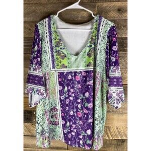 Women's Plus Sz 3XL Green & Purple Floral Patchwork Pattern V-Neck Stretchy Top